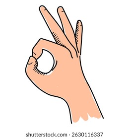 Hand gesture okay vector isolated. Hand-drawn illustration of a human palm of hand showing ok sign. Concept of positive expression, success. Yes gesture.