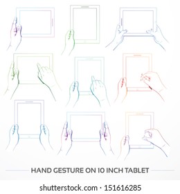 Hand gesture on 10 inch tablet set, in colorful line art