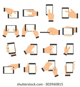 Hand gesture on the touch screen. Hands holding smartphone or other digital devices. 