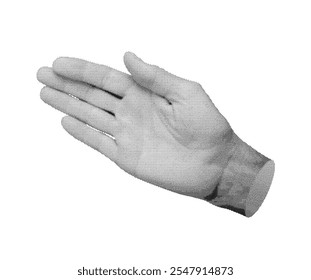 Hand gesture with open palm, symbolizing Hi or Goodbye, isolated in retro halftone dot style. Nostalgic 1990s inspired design with vintage grunge texture. Monochrome grayscale