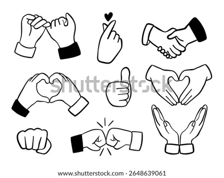 Hand Gesture Outline Icon Collection. A clean black and white collection of 9 hand gesture icons including pinky promise heart hand fist bump thumb up in outline style. Perfect for sticker branding UI