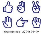 Hand gesture outline icon set – thumbs up, thumbs down, finger heart, peace sign, raised palm stop, fist bump, pointing finger, OK sign, clap hands, clenched fist emoji symbols