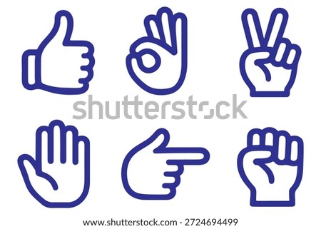 Hand gesture outline icon set – thumbs up, thumbs down, finger heart, peace sign, raised palm stop, fist bump, pointing finger, OK sign, clap hands, clenched fist emoji symbols
