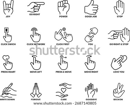 Hand Gesture Outline Vector Icons Set. Touch, Click, and Communication Hand Icons Pack. Hand Signals Joy, Direction, and Interaction.