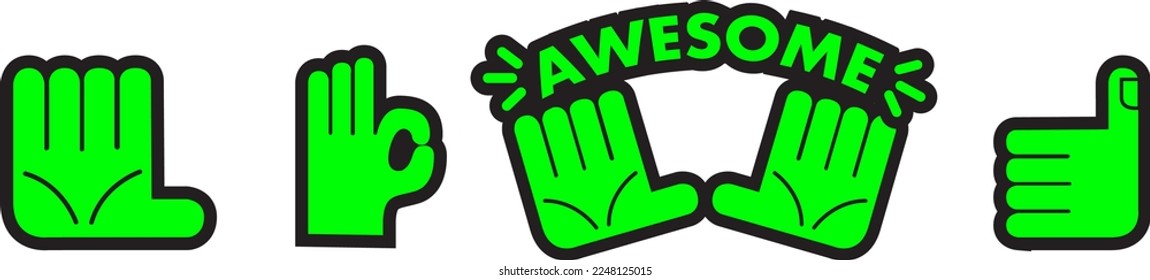 Hand gesture with outlined stroke in neon green color. Hand showing signal or sign collection. Hand drawn colored trendy Vector illustration. All elements are isolated.