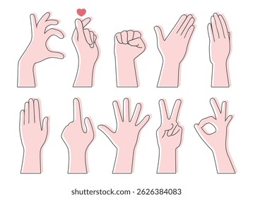 Hand gesture outlines. Okay sign, thumb up, pointing finger, making heart, holding hand, fist, open palm, straight hand. Vector illustration
