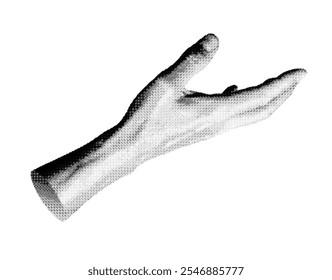 Hand gesture with outstretched fingers reaching out, isolated in retro halftone dot style. Symbolizing touch or grasp, this nostalgic 1990s inspired design features vintage grunge