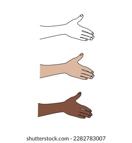 Hand gesture with outstretched palm before handshake. One line art. Pose and gesturing. Hand drawn vector illustration.