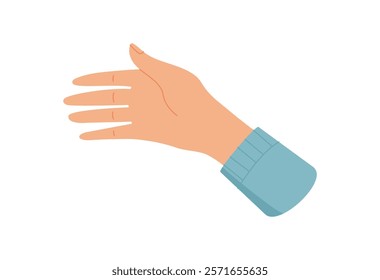 Hand gesture for payment. Human character holds an item. Payment concept, flat style, potential for finance or business applications.