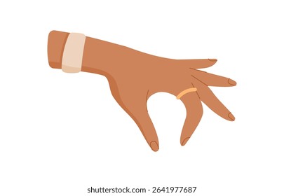 Hand gesture for payment. Human character holds an item. Payment concept, flat style, potential for finance or business applications.