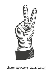 Hand gesture peace sign . Vector vintage Engraving illustration style