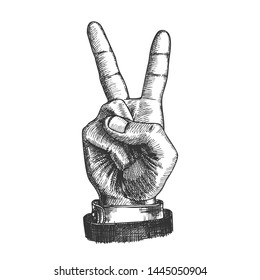 Hand Gesture Peace Symbol Two Finger Up Vector. Man Arm Gesture Showing Scissors Or Freedom Sign. Male Wrist Gesturing Cheer Signal Black And White Hand Drawn Closeup Cartoon Illustration