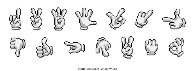 Conjunto de estilo de dibujos animados de píxel de gesto de mano. Los gestos de palmera pixelan la colección.