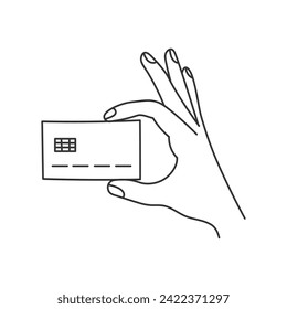 Hand gesture with plastic card. Line vector illustration. Finance, money, contactless cashless payment, online banking, business, buying, purchase concept design.