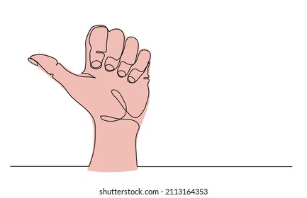 Hand gesture, pointing back thumb. One continuous line art drawing vector illustration of arm showing backside direction.