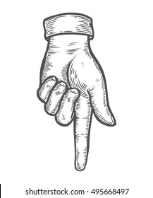 Hand gesture. Pointing down finger. Retro vintage sketch vector illustration. Engraving style. black isolated on white background