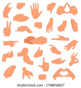 Hand gesture. Pointing hands, gesturing communication language, palm gesture designation isolated vector illustration set. Gesture hand, finger thumb signal, fist and pointing up