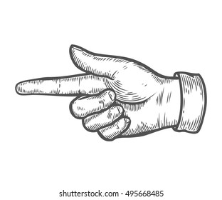 Hand gesture. Pointing left finger. Retro vintage sketch vector illustration. Engraving style. black isolated on white background