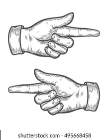 Hand gesture. Pointing left and right finger. Retro vintage sketch vector illustration. Engraving style. black isolated on white background