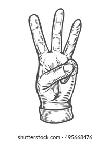 Hand gesture. Pointing three finger up counting. Retro vintage sketch vector illustration. Engraving style. black isolated on white background