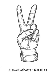 Hand gesture. Pointing two finger up counting. Retro vintage sketch vector illustration. Engraving style. black isolated on white background