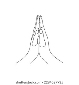 Hand gesture. Praying, gratitude position. One line art. Hand drawn vector illustration.