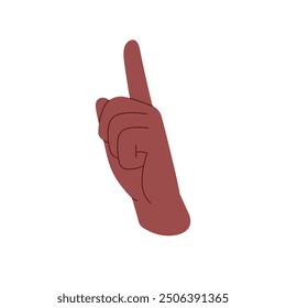 Hand gesture of raised forefinger pointing upward direction. Black index finger showing up. Sign of shush, silence. Nonverbal communication, body language. Flat isolated vector illustration on white