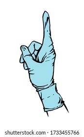 Hand gesture with raised index finger. Hand drawing of a gloved hand. Vector illustration on a white background.