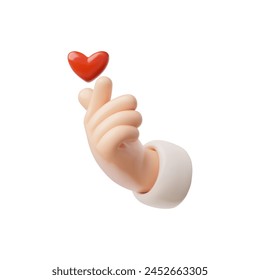 Hand gesture with red heart 3D vector illustration. Cartoon emoji design for social media feedback. I love you cute emoticon, Valentines day romantic feeling arm sign isolated on white