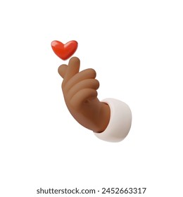 Hand gesture with red heart 3D vector illustration. I love you cute emoticon. Cartoon emoji design for social media feedback. Valentines day romantic feelings afro arm volume sign isolated on white
