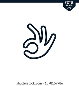 Hand gesture represent agree, okay or OK
icon collection in outlined or line art style, editable stroke vector