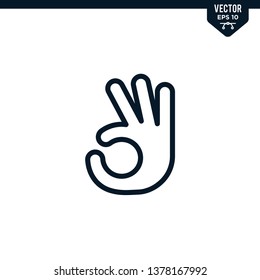 Hand gesture represent agree, okay or OK
icon collection in outlined or line art style, editable stroke vector