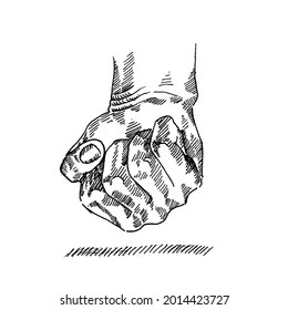 Hand gesture. right hand clenched down hitting. Vector illustration of a vintage retro sketch. Engraving style. black isolated on a white background. vector graphic design illustration sketch