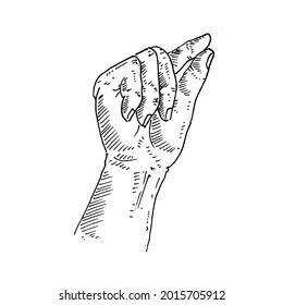 Gesto de mano. mano derecha arriba, índice y pulgar juntos. Ilustración vectorial de boceto retro vintage. Estilo de grabado. negro aislado sobre fondo blanco. esbozo de ilustración de diseño gráfico de dibujo vectorial.
