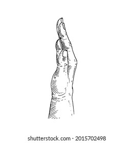 Gesto de mano. mano derecha hacia arriba, posición desde el lado. Ilustración vectorial de boceto retro vintage. Estilo de grabado. negro aislado sobre fondo blanco. esbozo de ilustración de diseño gráfico de dibujo vectorial.