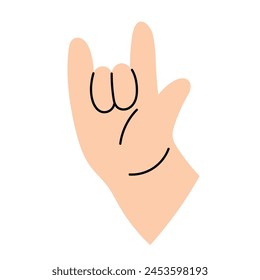 Hand gesture rock on, a greeting or a gesture of cool attitude, rock music fan. Hand drawn vector illustration, isolated on white