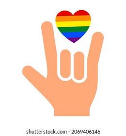Hand gesture rock on with heart and flag of pride lgbt, drawn fingers hold symbol lgbtq