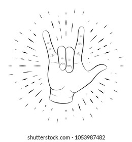 Hand gesture, rock and roll of fingers, hand-drawn, outline, against a background of linear beams. For the design of posters, banners, logos. 10 eps