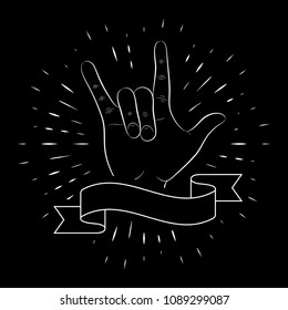 Hand gesture, rock and roll of fingers, outline, against a background of linear beams. For the design of posters, banners, logos. Black background. 10 eps