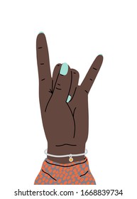 Handgestein-Rock-und Roll-Schild. Die Hand der Frau zeigt das Zeichen der Hörner. Eine Geste der Schwermetallkultur. Heben Sie die Hand. Cartoon-Stil. Flaches Design, Illustration einzeln auf Weiß.