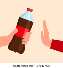 Hand Gesture Say No To Soda Drink Beverage In Flat Design. Stop Unhealthy Drinking.