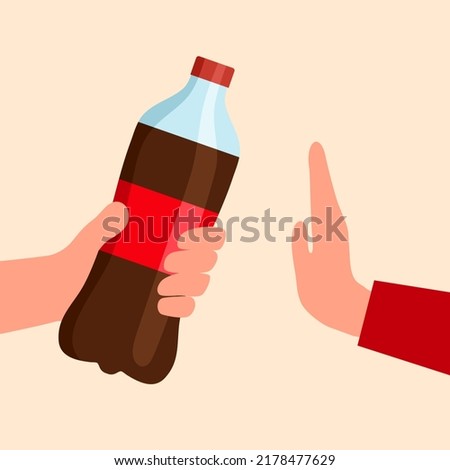 Hand gesture say no to soda drink beverage in flat design. Stop unhealthy drinking.