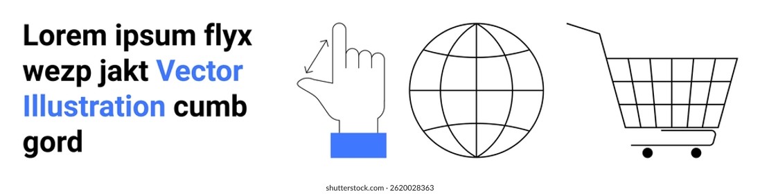 Hand gesture for scrolling, globe icon symbolizing global connectivity, shopping cart representing e-commerce. Ideal for technology, e-commerce, global business, online tutorials, digital marketing