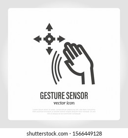 Hand gesture sensor. Recognition and hand tracking of virtual reality. Thin line icon. Vector illustration.