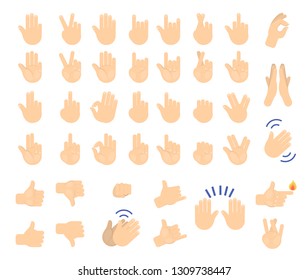 Hand gesture set. Collection of human palm showing various sign. Thumb up, fist and peace symbol. Isolated vector illustration in cartoon style