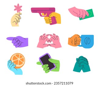 Hand gesture set collection of symbol  cartoon illustration hand holding object and making sign 