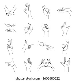 Hand gesture set continuous line drawing, two fingers up single line on a white background, isolated vector illustration. Tattoo, print and logo design. Goat gesture, pistol, fist, snap, heart sign.