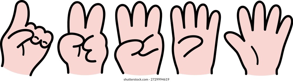 Conjunto de gestos de la mano que cuenta del uno al cinco. Conjunto de iconos de gestos de mano minimalistas. Conjunto de manos que muestran números con los dedos. Ilustración vectorial en estilo plano.