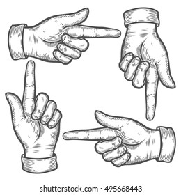 Hand gesture. Set of gestures. Pointing up down left right finger. Retro vintage sketch vector illustration. Engraving style. Black isolated on white background