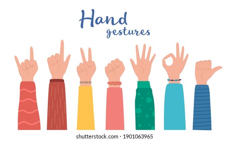 Hand gesture set. human hands showing thumbs up, pointing and greeting, OK. Various hand symbols. Interactive communication set. Vector illustration